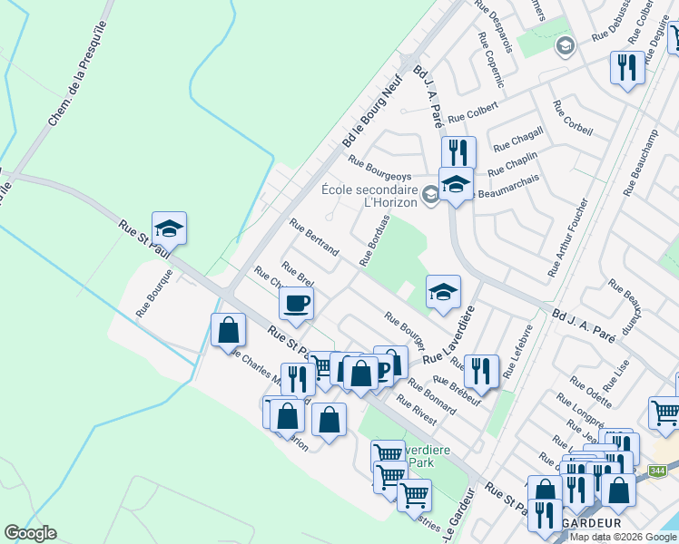 map of restaurants, bars, coffee shops, grocery stores, and more near 261 Rue Cabral in Repentigny