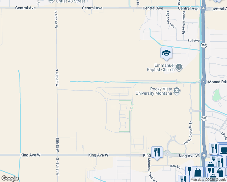 map of restaurants, bars, coffee shops, grocery stores, and more near South 44th Street West in Billings