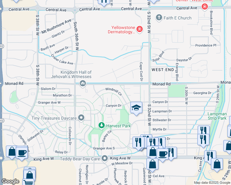 map of restaurants, bars, coffee shops, grocery stores, and more near 3382 Windmill Circle in Billings