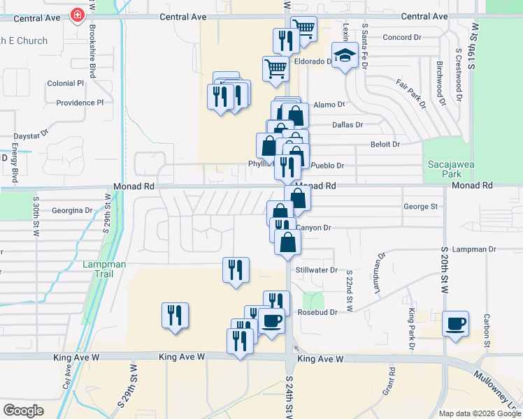 map of restaurants, bars, coffee shops, grocery stores, and more near 6 Prospect Dr in Billings