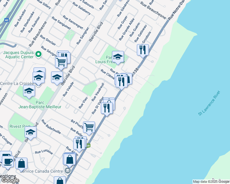 map of restaurants, bars, coffee shops, grocery stores, and more near 20 Rue Valmont in Repentigny