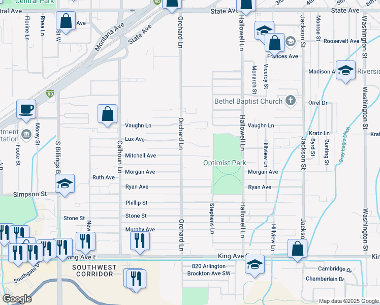map of restaurants, bars, coffee shops, grocery stores, and more near 4321 Mitchell Avenue in Billings