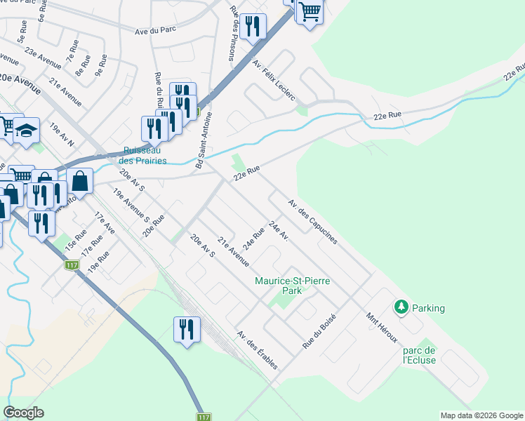 map of restaurants, bars, coffee shops, grocery stores, and more near 1089 24e Avenue in Saint-Jérôme