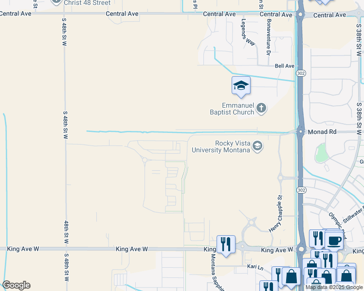map of restaurants, bars, coffee shops, grocery stores, and more near South 44th Street West in Billings