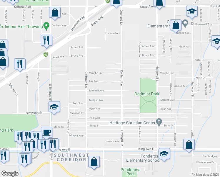 map of restaurants, bars, coffee shops, grocery stores, and more near 4433 Mitchell Avenue in Billings