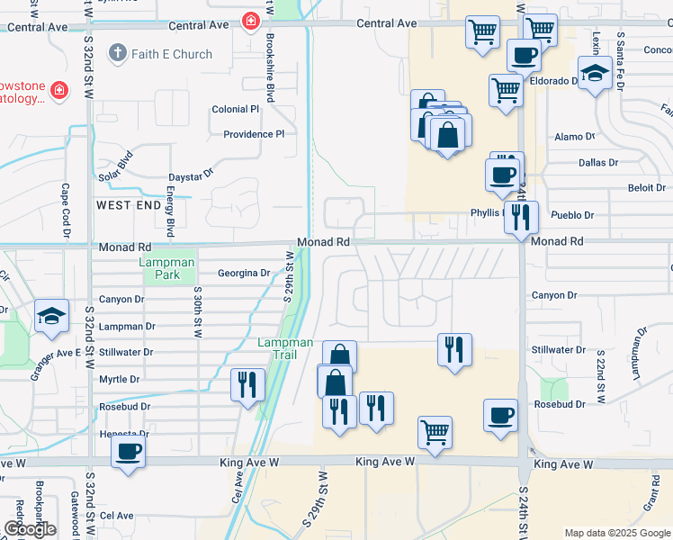 map of restaurants, bars, coffee shops, grocery stores, and more near 66 Prairie View Drive in Billings