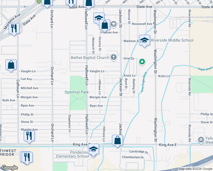 map of restaurants, bars, coffee shops, grocery stores, and more near 4154 Mitchell Avenue in Billings