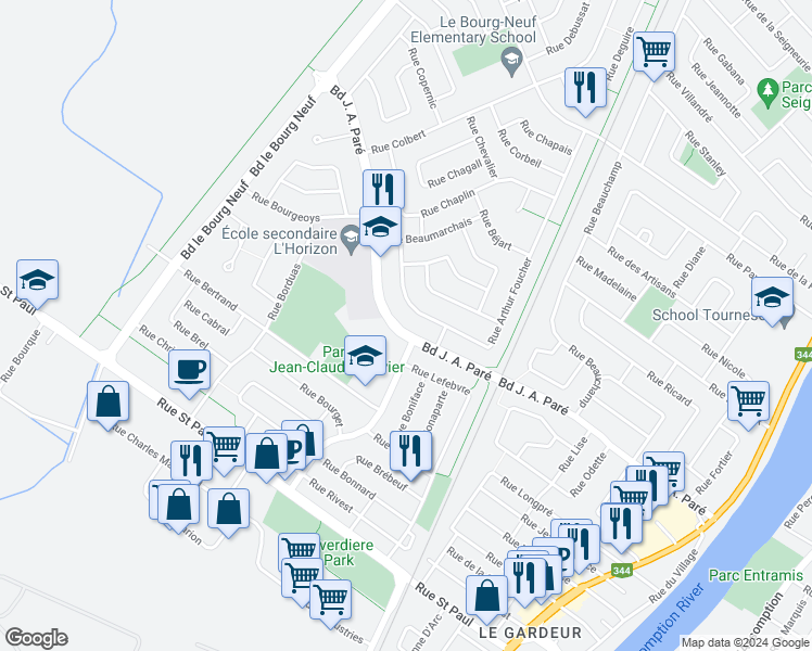map of restaurants, bars, coffee shops, grocery stores, and more near 208 Boulevard J. A. Paré in Repentigny