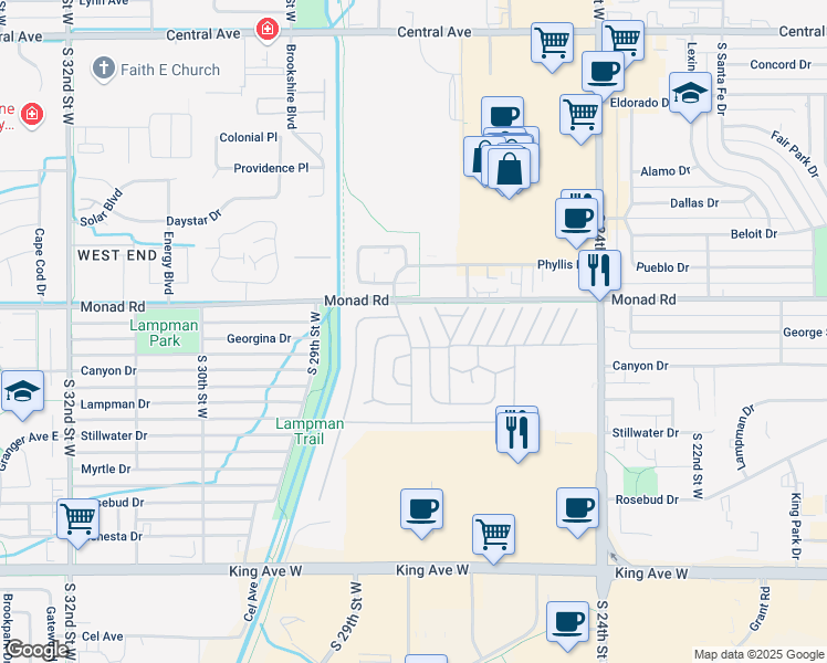 map of restaurants, bars, coffee shops, grocery stores, and more near 34 Big Sky Country Circle in Billings