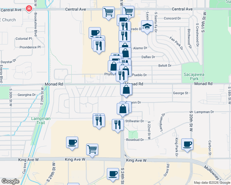 map of restaurants, bars, coffee shops, grocery stores, and more near 6 Prospect Dr in Billings