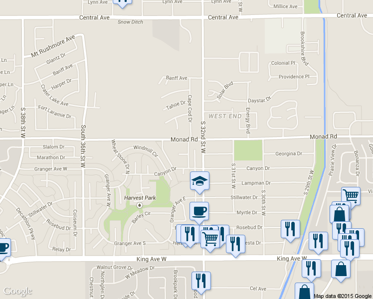 map of restaurants, bars, coffee shops, grocery stores, and more near 414 Greenspring Place in Billings