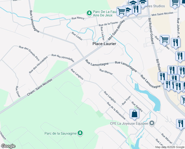 map of restaurants, bars, coffee shops, grocery stores, and more near 1134 Rue des Chardonnerets in Saint-Jérôme