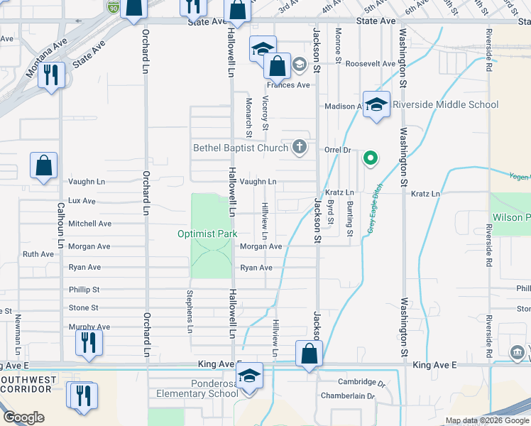 map of restaurants, bars, coffee shops, grocery stores, and more near 4199 Mitchell Ave in Billings