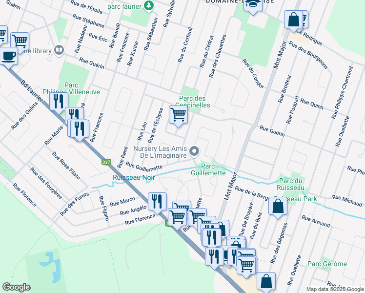 map of restaurants, bars, coffee shops, grocery stores, and more near Rue de l'Échassier in La Plaine