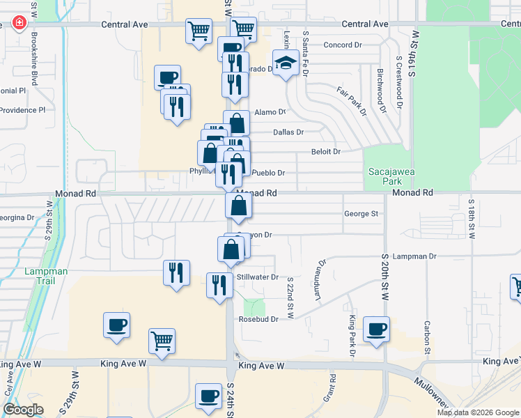 map of restaurants, bars, coffee shops, grocery stores, and more near 441 South 23rd Street in Billings