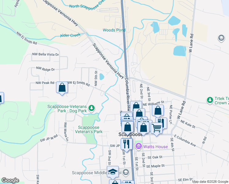 map of restaurants, bars, coffee shops, grocery stores, and more near 33381 Wikstrom Road in Scappoose