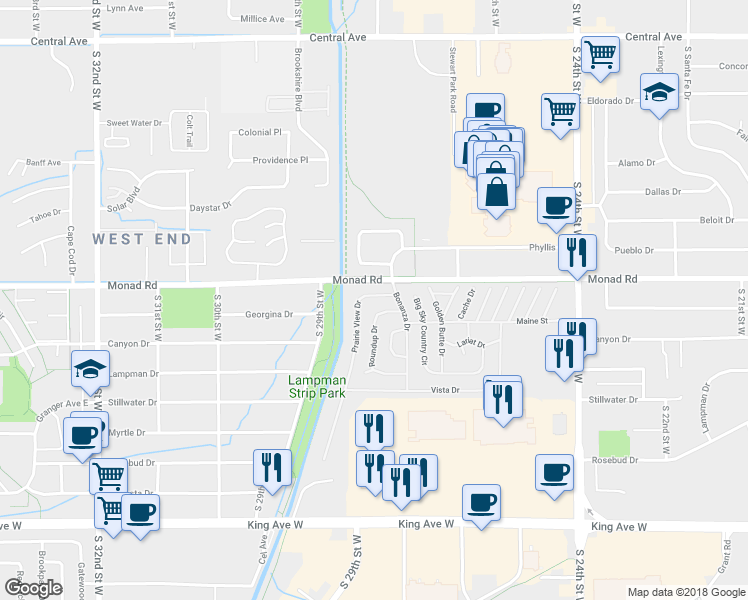 map of restaurants, bars, coffee shops, grocery stores, and more near 66 Prairie View Drive in Billings