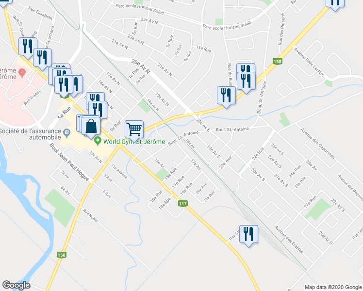 map of restaurants, bars, coffee shops, grocery stores, and more near 749 17e Av Sud in Saint-Jérôme