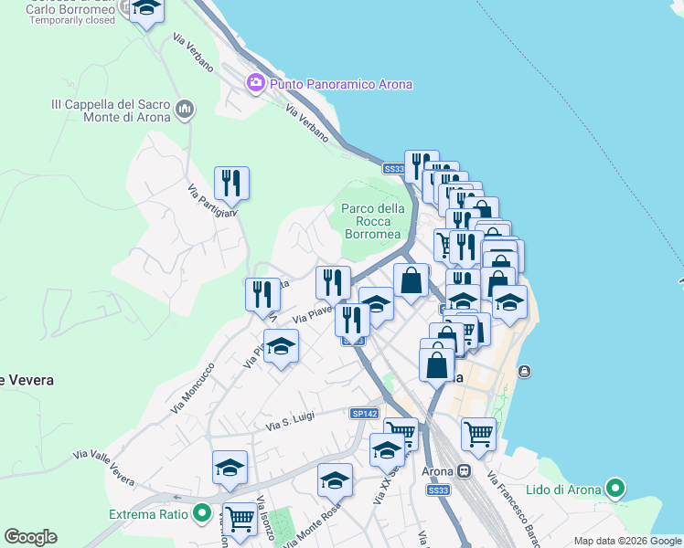 map of restaurants, bars, coffee shops, grocery stores, and more near 11 Via Partigiani in Arona