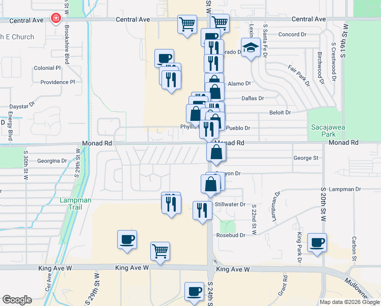 map of restaurants, bars, coffee shops, grocery stores, and more near 6 Prospect Dr in Billings