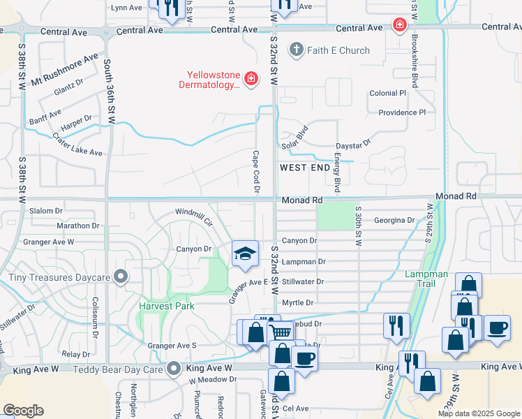 map of restaurants, bars, coffee shops, grocery stores, and more near 414 Greenspring Place in Billings