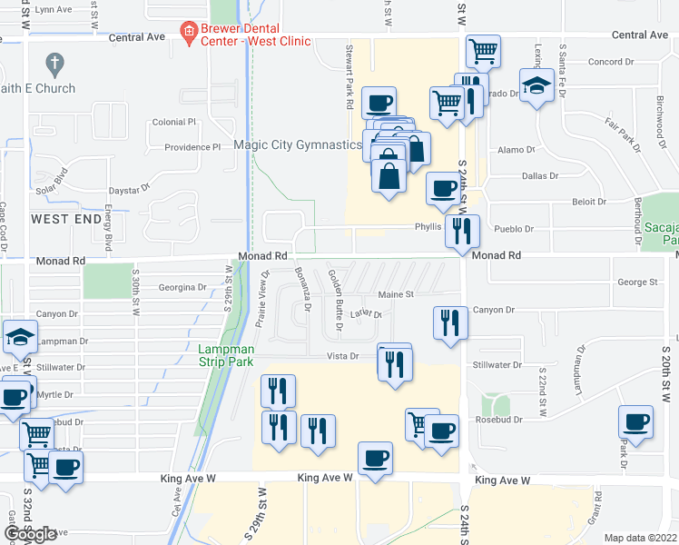 map of restaurants, bars, coffee shops, grocery stores, and more near 6 Rodeo Place in Billings
