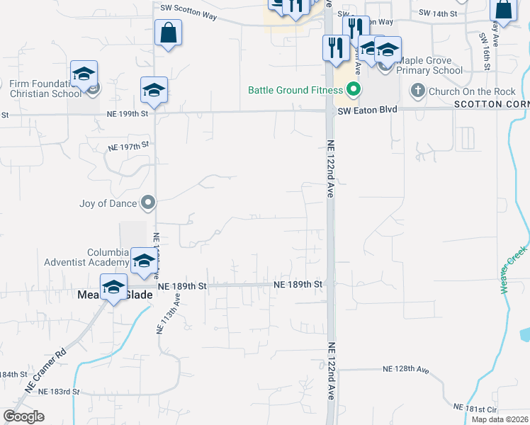 map of restaurants, bars, coffee shops, grocery stores, and more near 1400 Southwest 26th Circle in Battle Ground