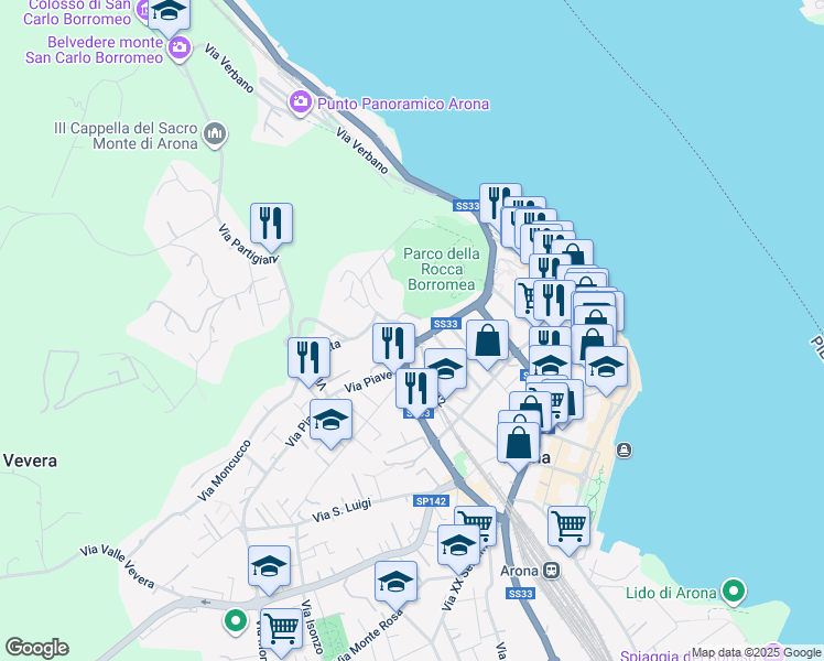 map of restaurants, bars, coffee shops, grocery stores, and more near 11 Via Partigiani in Arona