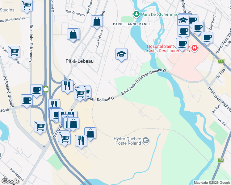 map of restaurants, bars, coffee shops, grocery stores, and more near 2 Rue Louis-Jolliet in Saint-Jérôme