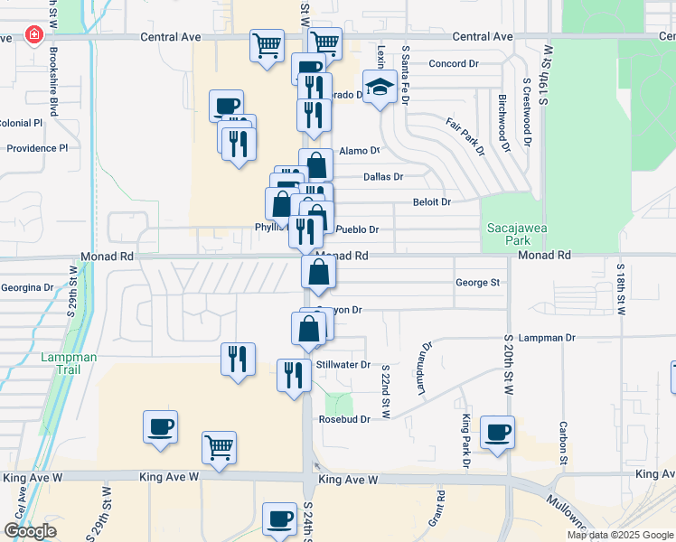 map of restaurants, bars, coffee shops, grocery stores, and more near 441 South 23rd Street in Billings