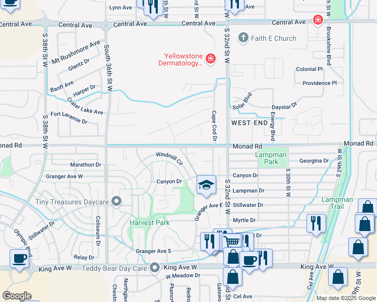 map of restaurants, bars, coffee shops, grocery stores, and more near Monad Road in Billings