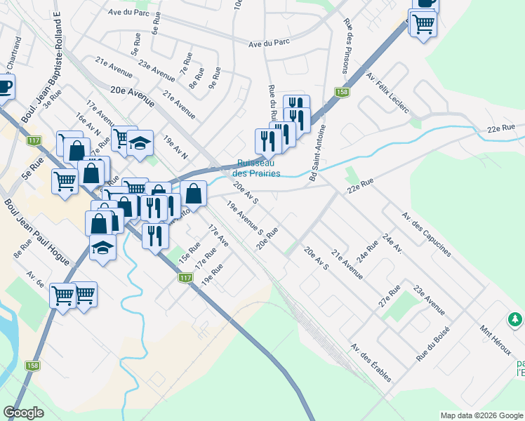 map of restaurants, bars, coffee shops, grocery stores, and more near 846 20e Av Sud in Saint-Jérôme