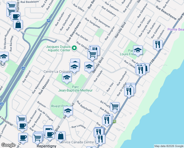 map of restaurants, bars, coffee shops, grocery stores, and more near Boulevard Iberville in Repentigny