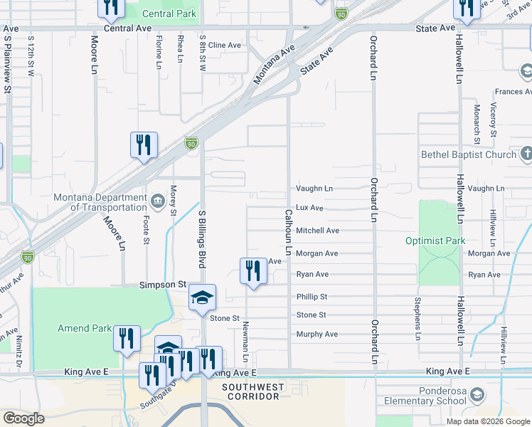 map of restaurants, bars, coffee shops, grocery stores, and more near 4636 Lux Avenue in Billings