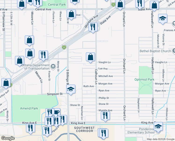 map of restaurants, bars, coffee shops, grocery stores, and more near 4636 Lux Avenue in Billings