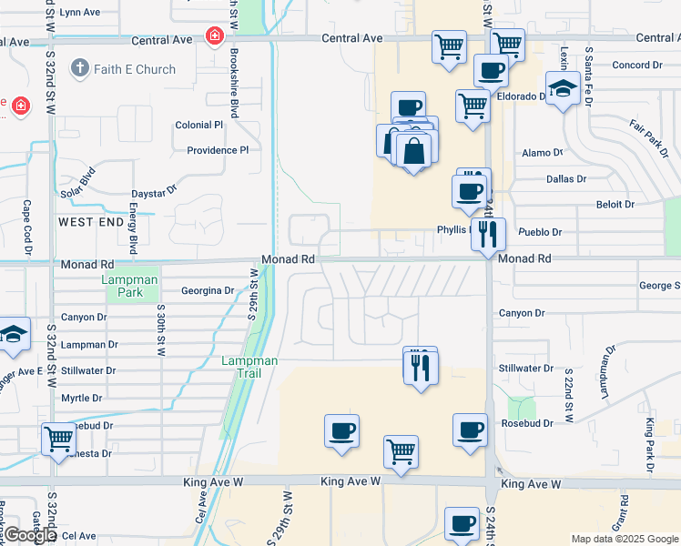 map of restaurants, bars, coffee shops, grocery stores, and more near 34 Big Sky Country Circle in Billings