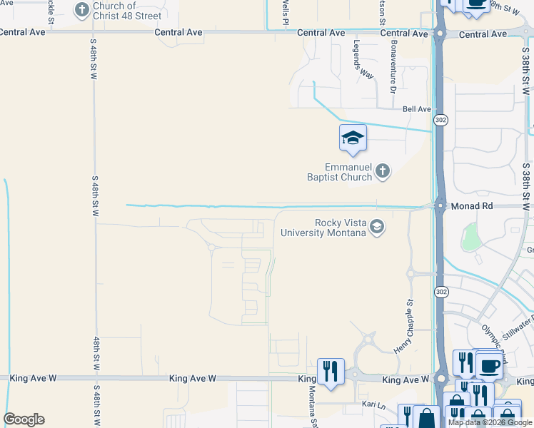map of restaurants, bars, coffee shops, grocery stores, and more near South 44th Street West in Billings