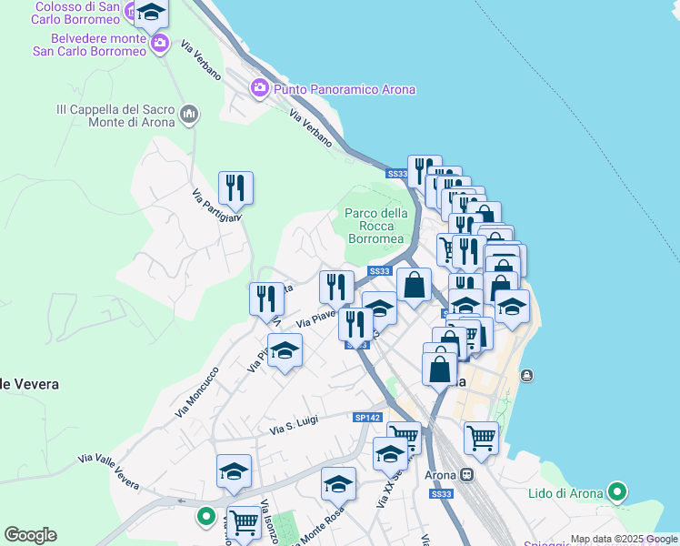 map of restaurants, bars, coffee shops, grocery stores, and more near 11 Via Partigiani in Arona