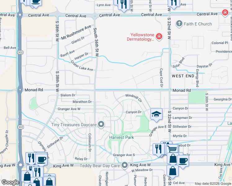 map of restaurants, bars, coffee shops, grocery stores, and more near 3496 Monad Road in Billings