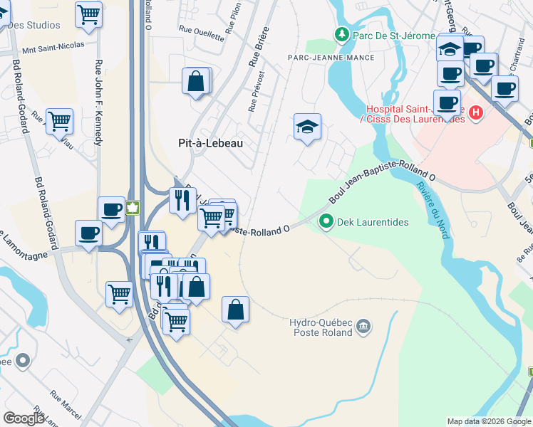 map of restaurants, bars, coffee shops, grocery stores, and more near 38 Rue Louis-Jolliet in Saint-Jã©Rã´Me