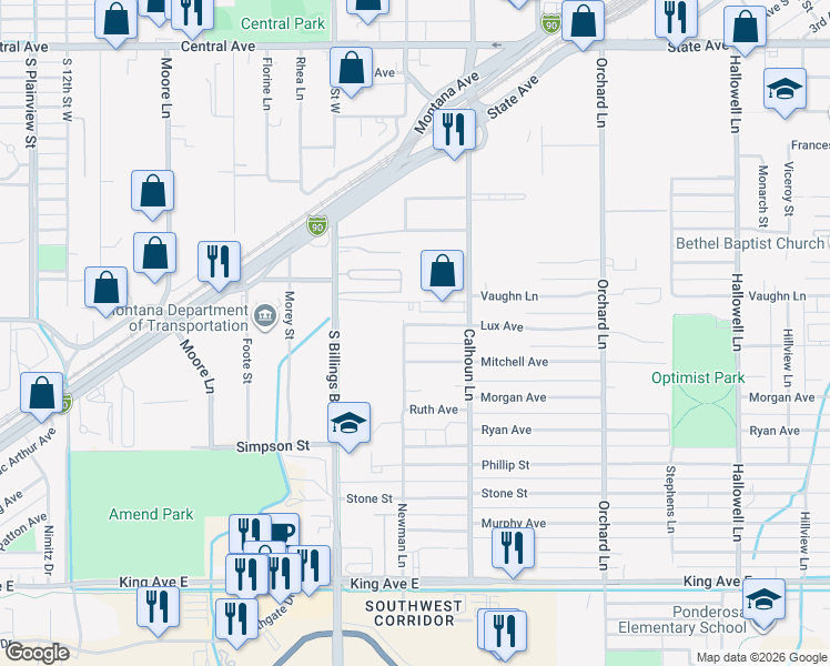 map of restaurants, bars, coffee shops, grocery stores, and more near 4636 Lux Avenue in Billings