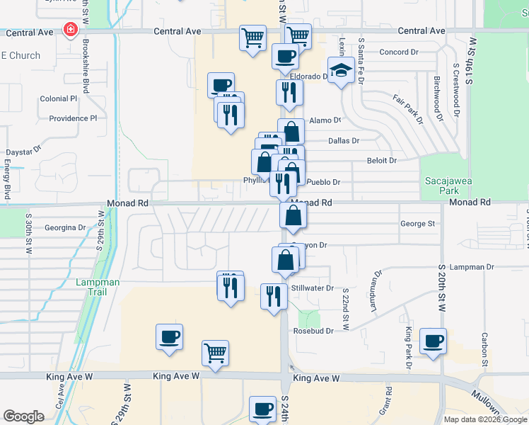 map of restaurants, bars, coffee shops, grocery stores, and more near 6 Prospect Drive in Billings