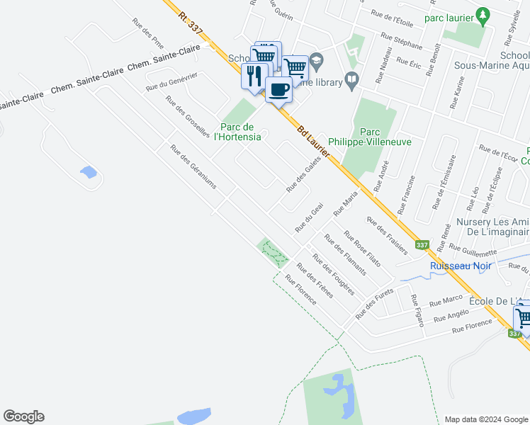 map of restaurants, bars, coffee shops, grocery stores, and more near 7100 Rue des Pins in Terrebonne
