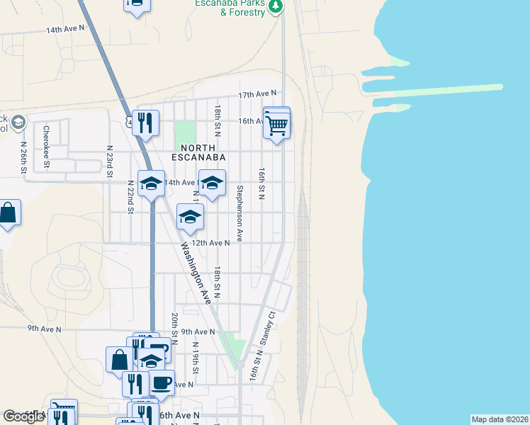 map of restaurants, bars, coffee shops, grocery stores, and more near 1200-1298 16th Street North in Escanaba