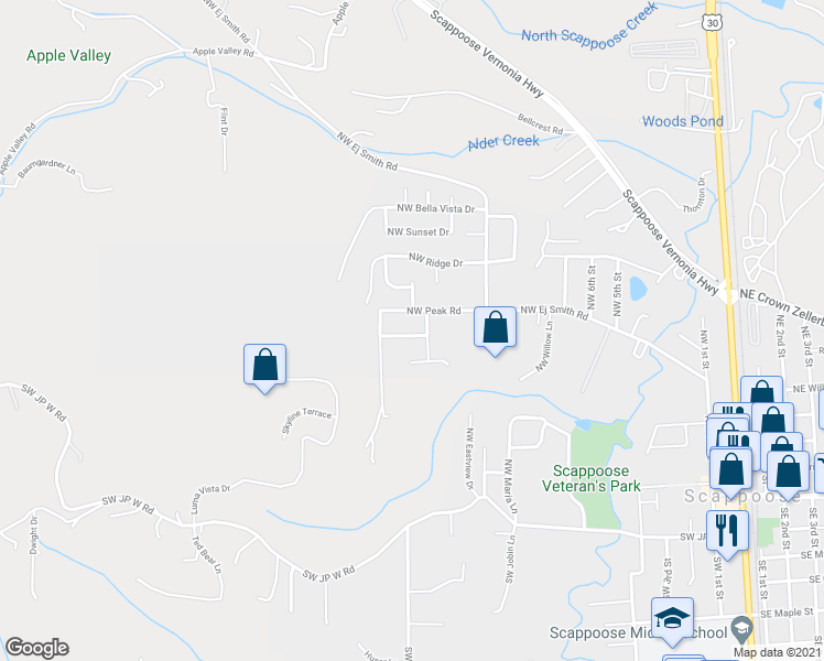 map of restaurants, bars, coffee shops, grocery stores, and more near 32859 Northwest Overlook Street in Scappoose