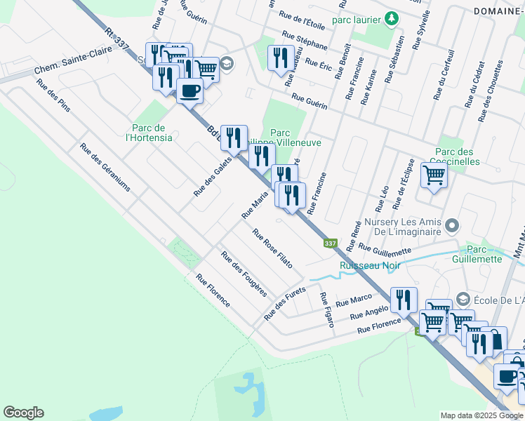 map of restaurants, bars, coffee shops, grocery stores, and more near 1793 Rue des Fauves in Terrebonne