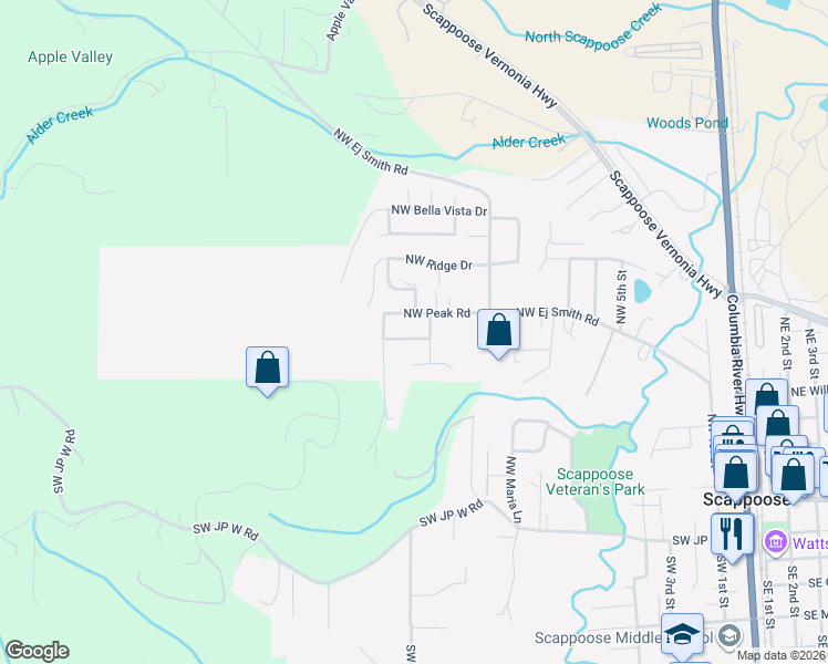 map of restaurants, bars, coffee shops, grocery stores, and more near 32859 Northwest Overlook Street in Scappoose