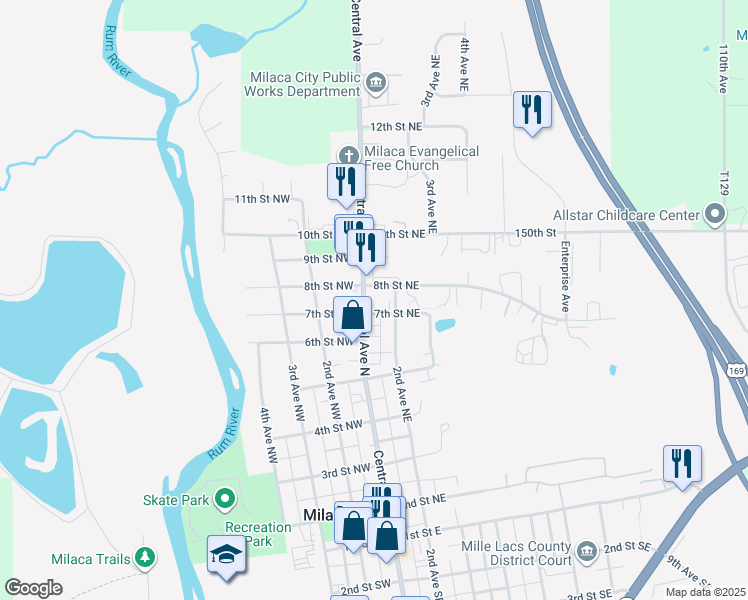 map of restaurants, bars, coffee shops, grocery stores, and more near 130 7th Street Northeast in Milaca
