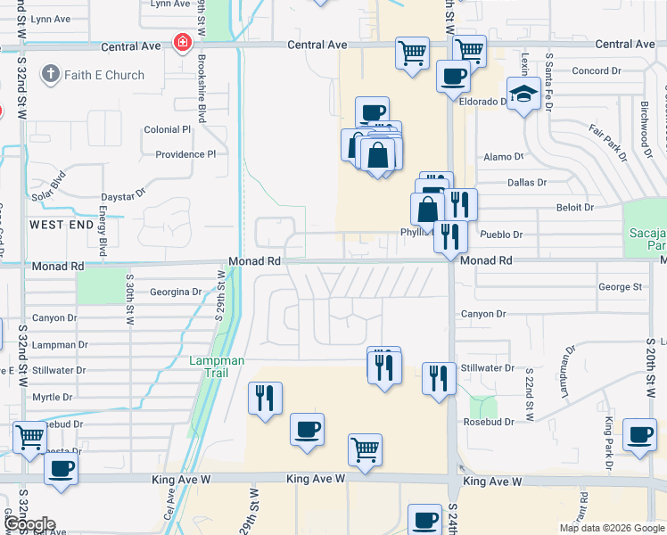 map of restaurants, bars, coffee shops, grocery stores, and more near 6 Rodeo Place in Billings
