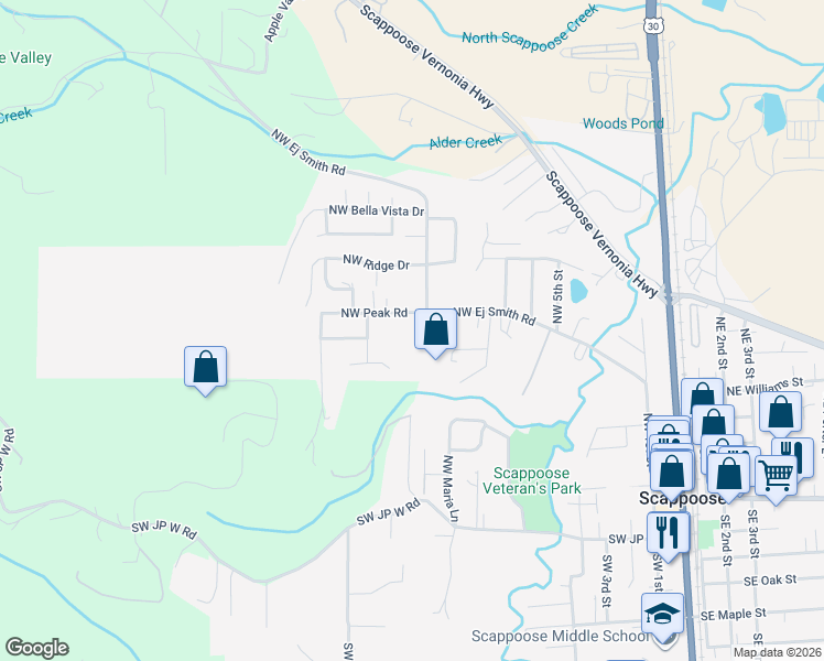 map of restaurants, bars, coffee shops, grocery stores, and more near 32978 Northwest Peak Road in Scappoose